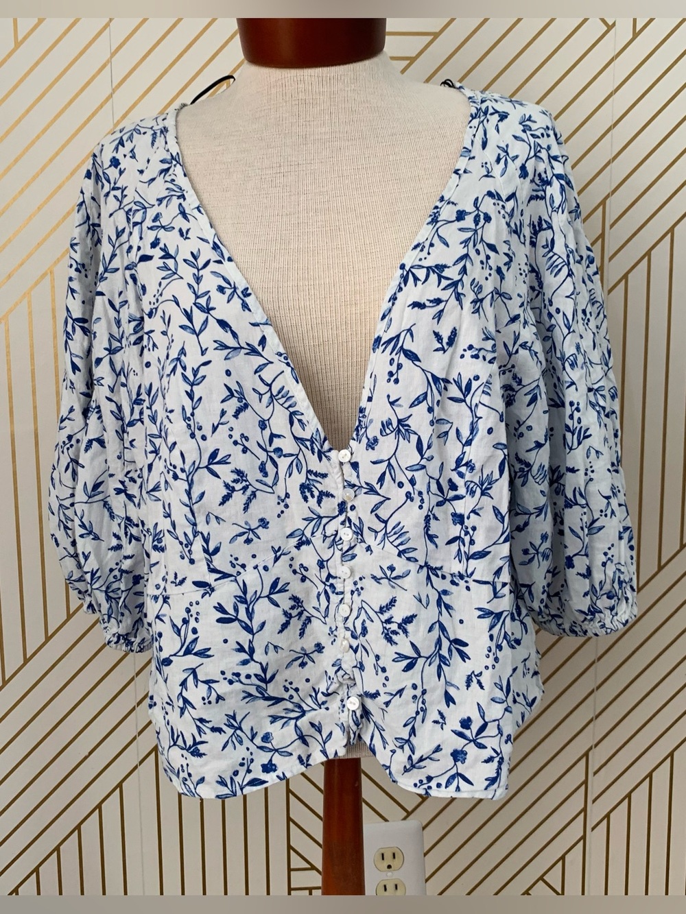 H&M floral linen blend blouse puff sleeve cottagecore  coquette boho milkmaid XL